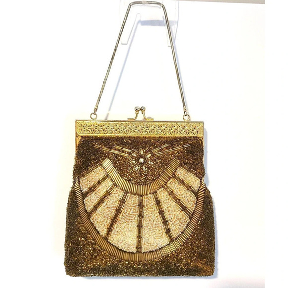 Delill Evening Bag Purse GOLD & IRIDESCENT Beaded RHINESTONES Hand Made Macao